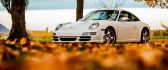 Old white Porsche car and beautiful Autumn leaves